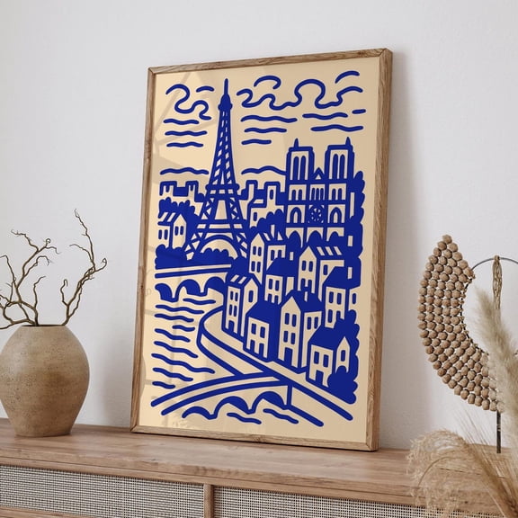 Blue Paris Minimalist Line Art Eiffel Tower Design 3 Unframed Paper Print