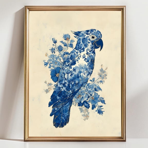 Blue Parrot Chinoiserie Floral Wall Art Decor Unframed Paper Print