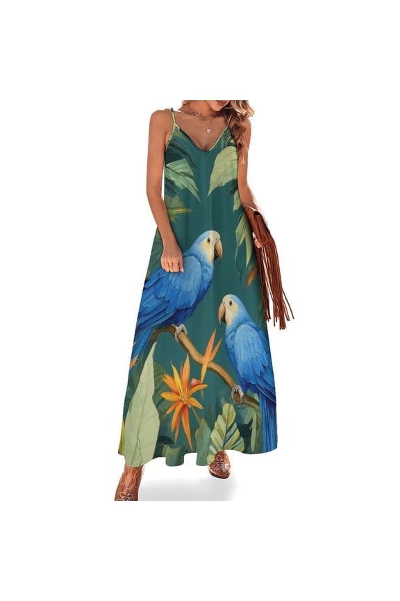 Blue Parrots Tropical Jungle Foliage Sleeveless Dress Dresses Women Summer Women's Summer Clothing
