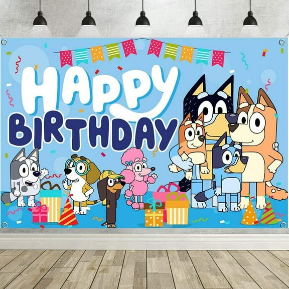 Blue Party Decoration-Cartoon Sheepdog, Happy Birthday Backdrop Banner, Blue Theme Happy Birthday Backdrop Decoration