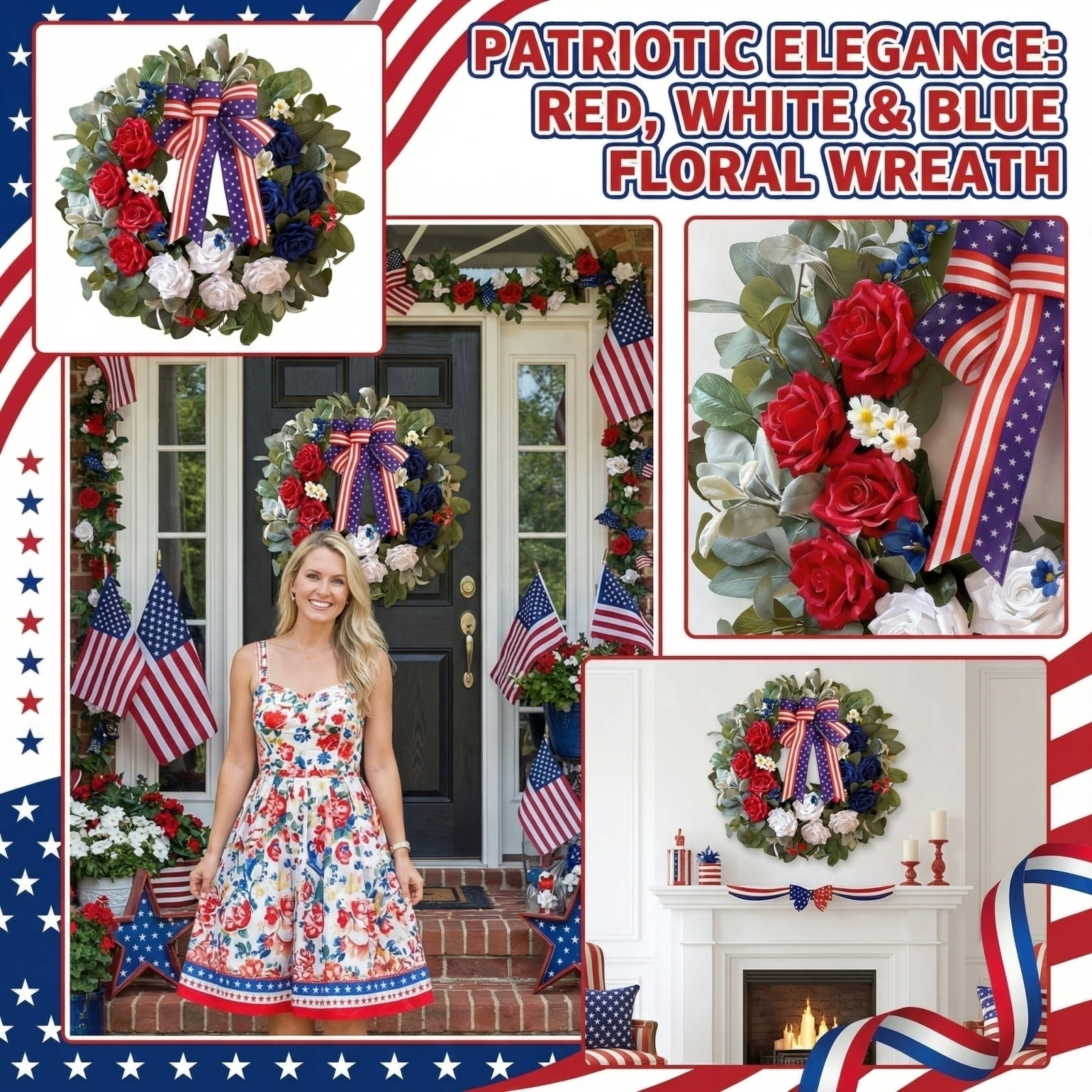 Blue Party Decorations Front Door Hanging Decor, Artificial Red White ...