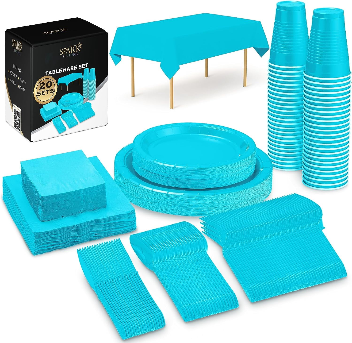 Blue Party Supplies Set Paper Plates Plastic Cups Forks Knives Spoons Napkins Tablecloth Serves 20 Guests Disposable Dinnerware Set of 222 Pieces, Complete Tableware for Party - By SparkSettings