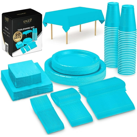 Blue Party Supplies Set Paper Plates Plastic Cups Forks Knives Spoons Napkins Tablecloth Serves 20 Guests Disposable Dinnerware Set of 222 Pieces, Complete Tableware for Party - By SparkSettings