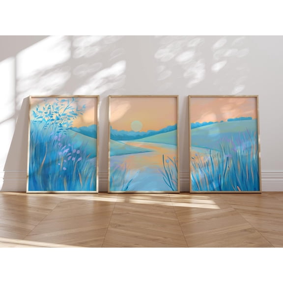 Blue Pastel River Wall Art Colorful Landscape Vibrant Retro Sunset Print Set 3 Stretched Canvas 8x12