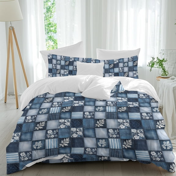 Blue Patchwork Bedding Duvet Cover Set California King Size 4 Pieces, Blue Floral Checkered White Leaf Bedding Set with Zipper Closure, 1 Comforter Cover 96x104 Inches 1 Flat Sheet & 2 Pillow Cases