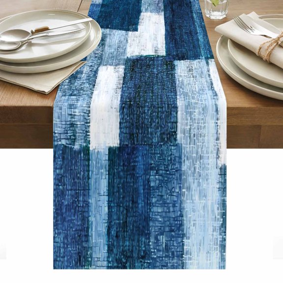 Blue Patchwork Cotton Linen Table Runner Modern Abstract Dark Blue Patchwork Dining Table Runners for Home Decor Party Dining Room Restaurant Kitchen Party 13" x 48"