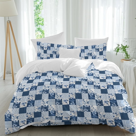 Blue Patchwork Duvet Cover Set King Size, Blue Flower Wave Point Square ...