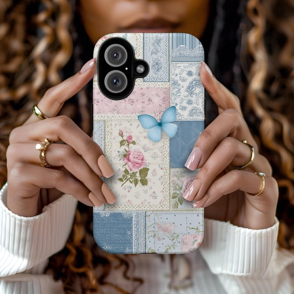 Blue Patchwork Floral Phone Case Butterfly Rose Spring Art Design Protective Cover For iPhone Samsung Galaxy Pixel