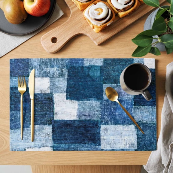 Blue Patchwork Placemats Set of 1, Modern Abstract Dark Blue Patchwork Heat Insulated Linen Place Mats, Washable Stain-Proof Table Mats for Dining Tables Holiday Decor 13x19 Inches