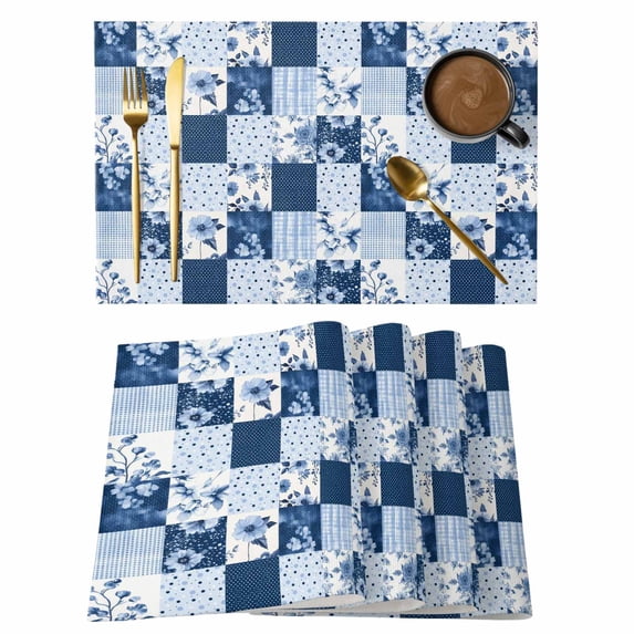 Blue Patchwork Placemats Set of 8, Blue Flower Wave Point Square Non-Slip Place Mats Washable Table Mats for Kitchen Dining Table Decorations Indoor/Outdoor