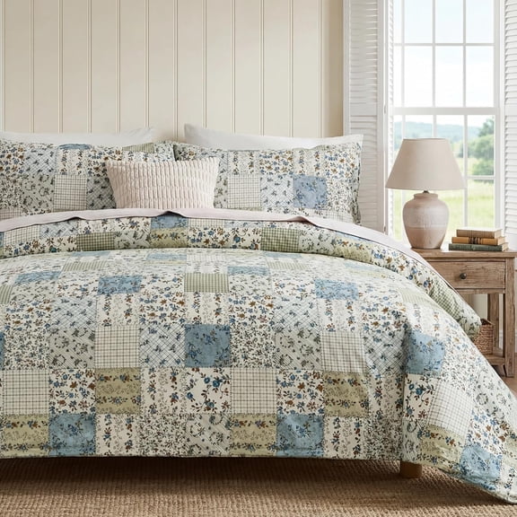 Blue Patchwork Queen Duvet Cover Set 100% Cotton 3 Pieces