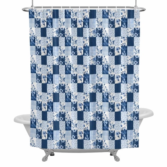 Blue Patchwork Shower Curtain for Bathroom, Blue Flower Wave Point Square Waterproof Cloth Fabric Bathroom Accessories Set with 12 Rust Proof Plastic Hooks, 36"x72"