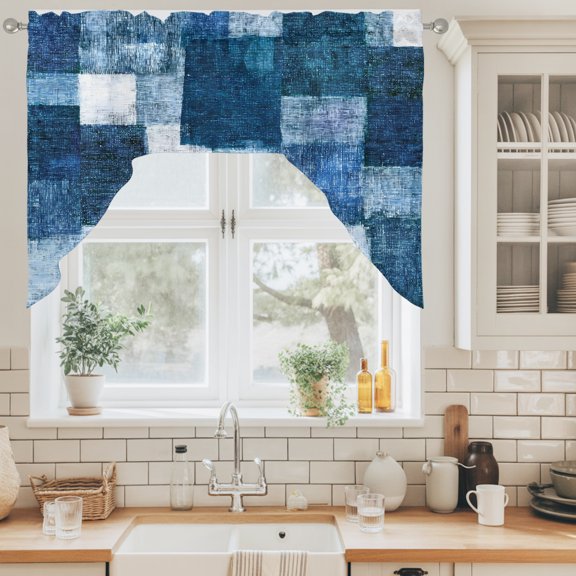 Blue Patchwork Swag Curtain Valance for Windows, Modern Abstract Dark Blue Patchwork Swag Curtains Drapes Rod Pocket for Kitchen Bathroom Small Window, 1 Panel 56x36in