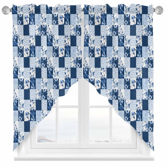 Blue Patchwork Swag Kitchen Curtain Valances, Blue Flower Wave Point Square Rod Pocket Curtains Window Treatment Decor Valances for Bedroom Bathroom, 2 Panels 36 x 36 Inch