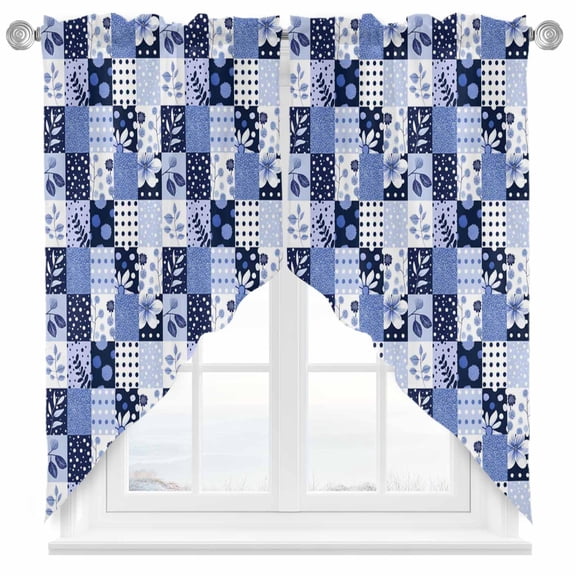 Blue Patchwork Swag Kitchen Curtain Valances, Purple Flower Wave Point Blue Leaf Rod Pocket Curtains Window Treatment Decor Valances for Bedroom Bathroom, 2 Panels 36 x 36 Inch