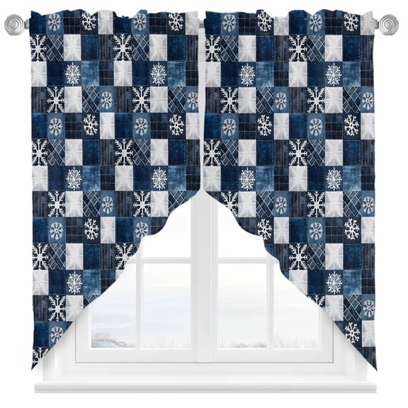 Blue Patchwork Swag Kitchen Curtain Valances, Snowflake Blue Flower Checkered Rod Pocket Curtains Window Treatment Decor Valances for Bedroom Bathroom, 2 Panels 36 x 36 Inch
