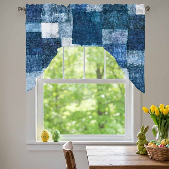 Blue Patchwork Swag Valances for Kitchen Window, Modern Abstract Dark Blue Patchwork Small Swag Valances Rod Pocket Curtain Drapes Window Treatment for Bedroom Bathroom, 56x36 Inch