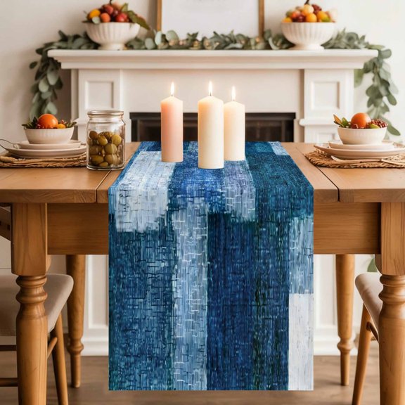 Blue Patchwork Table Runner, Modern Abstract Dark Blue Patchwork Washable Cotton-linen Table Runners Dining Kitchen Decoration for Everyday Home Wedding Party Decor, 13 x 36 Inch