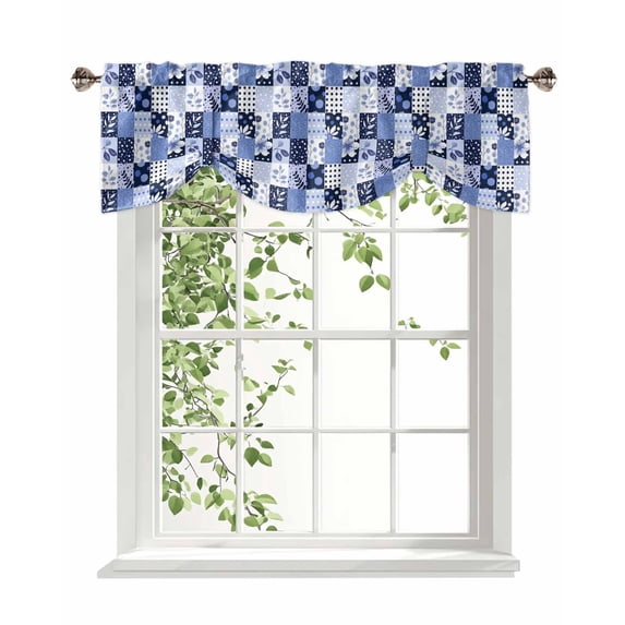Blue Patchwork Tie Up Valances Curtain, Adjustable Kitchen Purple Flower Wave Point Blue Leaf Valances for Windows Decor, Rod Pocket Short Curtains Set for Bedroom/Bathroom, 60"x18"