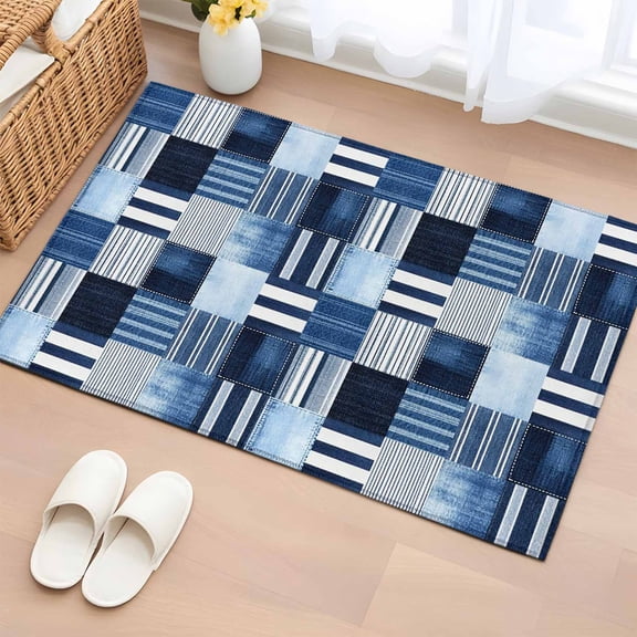 Blue Patchwork Washable Small Entryway Area Rugs 2'x3', Blue Checkered Linen Texture Striped Low Pile Throw Rug Non-Slip Sturdy Edge Binding Carpet for Front Door Floor Room Entry