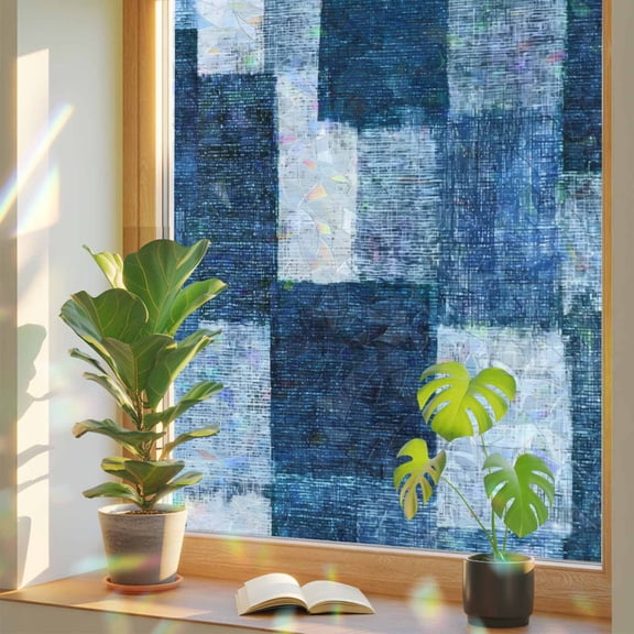 Blue Patchwork Window Privacy Film, Modern Abstract Dark Blue Patchwork Stained Glass Rainbow Film Decorative Window Clings, Static Cling Sun Blocking Stickers 17.7" x 39.3"