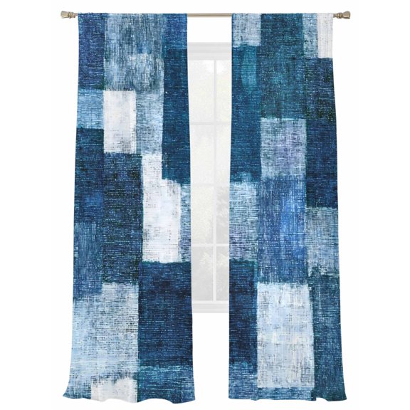 Blue Patchwork Window Sheer Curtain Modern Abstract Dark Blue Patchwork Semi Curtain Sheers Light Filtering Rod Pocket Voile Drapes for Bedroom Kitchen Living Room 52 X 108 Inch, 2 Panels