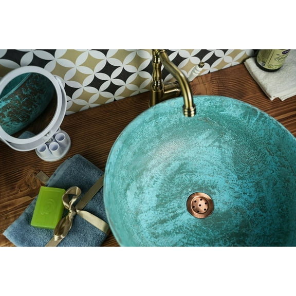 Handmade Blue Patina Copper Sink for Kitchen & Bathroom | Eco-Friendly, Pure Copper Vessel with Drain Cap