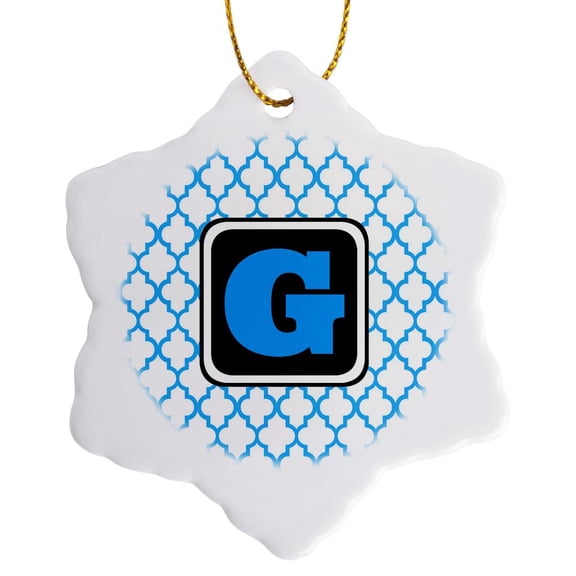 3drose, Blue Pattern Monogram Initial G, 3 inch Snowflake Porcelain Ornament