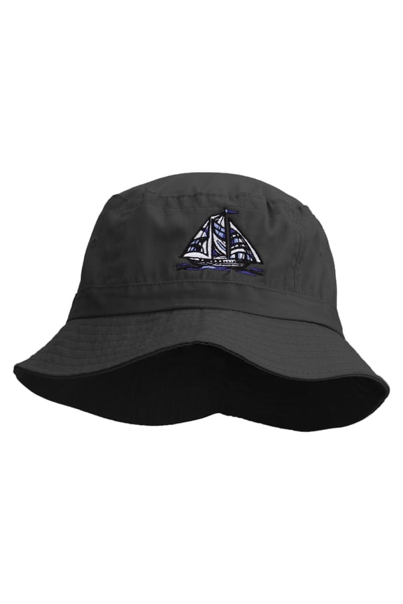 Blue Pattern Sail Boat Embroidered Bucket Hat - Black OSFM