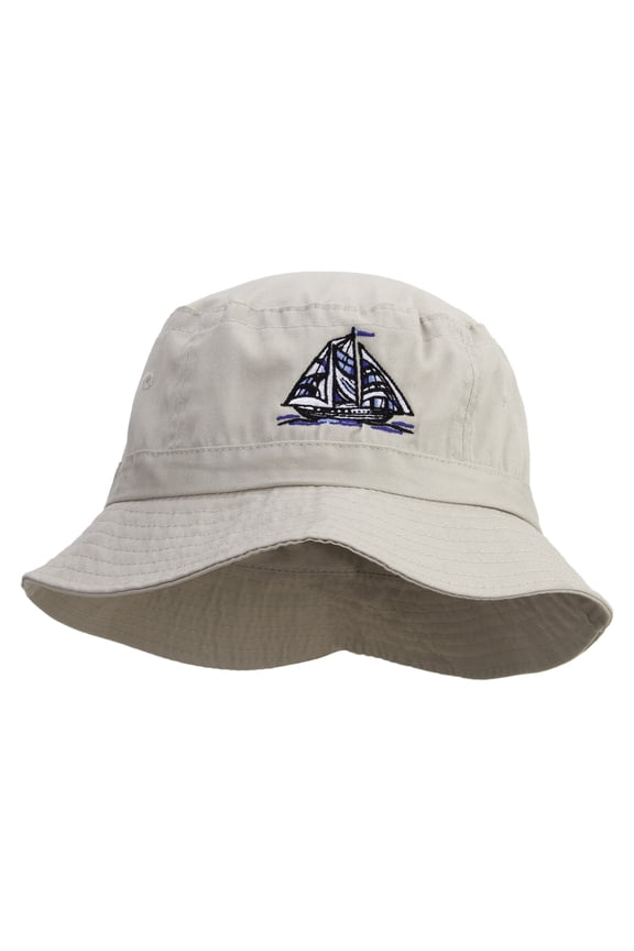 Blue Pattern Sail Boat Embroidered Bucket Hat - Natural OSFM