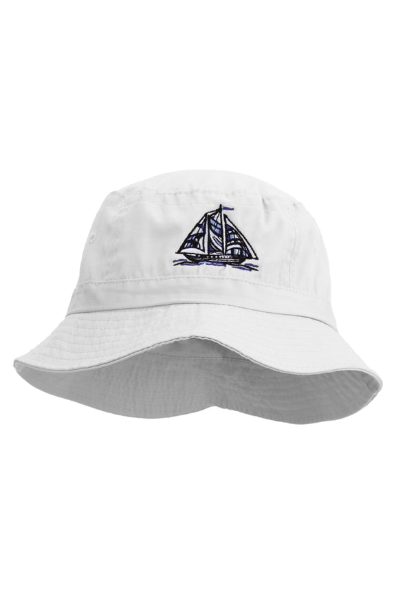 Blue Pattern Sail Boat Embroidered Bucket Hat - White OSFM
