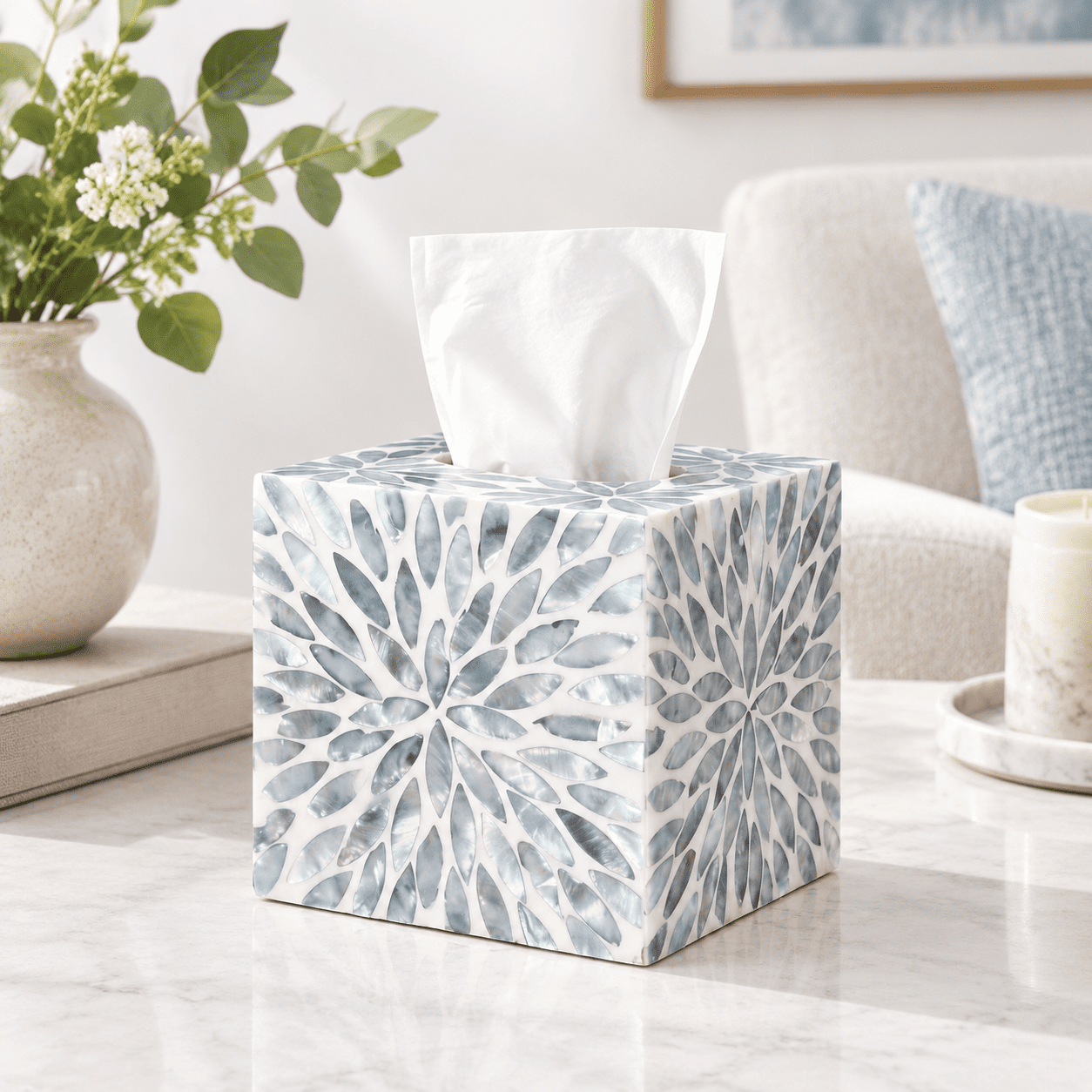 Blue Pattern Square Ceramic Tissue Box Cover, 5.9 Inch Cube Decorative ...