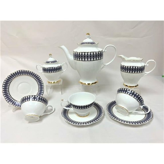 Blue Pattern with Gold Trim Teapot Set, Set of 15
