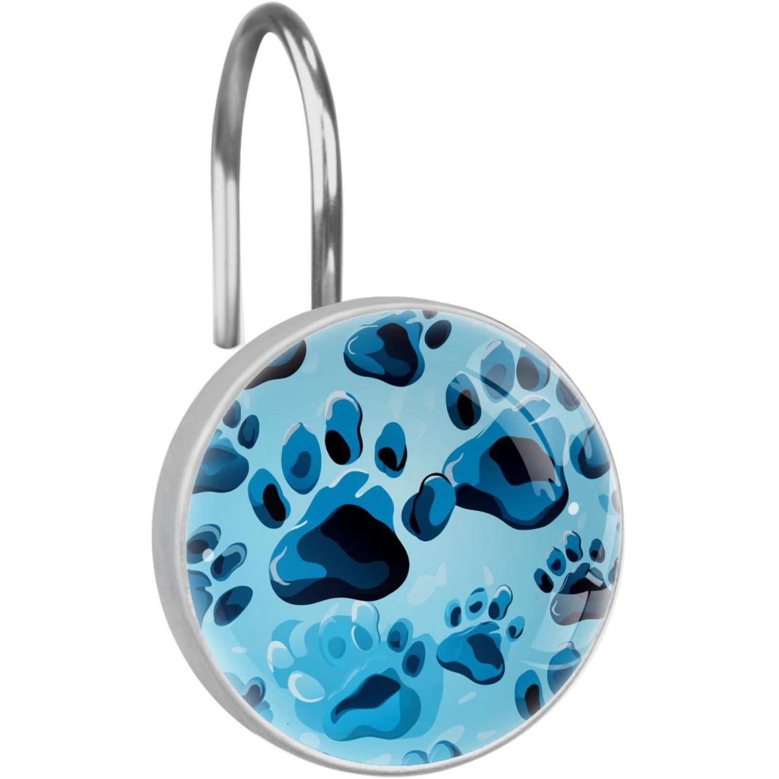 Blue Paw Footprints Shower Curtain Hooks Round Crystal Glass, Set of 12 Shower Curtain Rings - Shower Hooks for Curtain Shower Rings