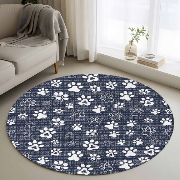 Blue Paw Print 3FT Round Area Rugs Modern Classic Dark Blue White Animal Large Paw Pattern Plaid Ultra-Thin Non-Slip Round Rugs Low Pile Circle Carpet for Bedroom Kitchen Nursery