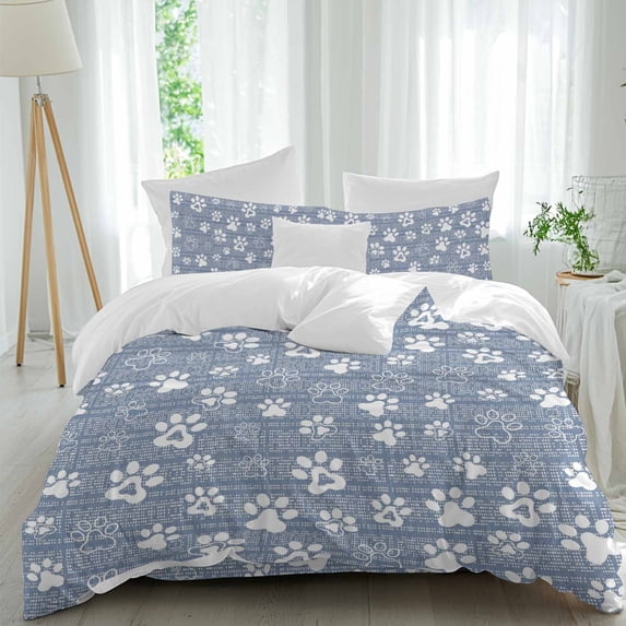 Blue Paw Print 4 Piece Duvet Cover Set Full Size Classic Blue White ...