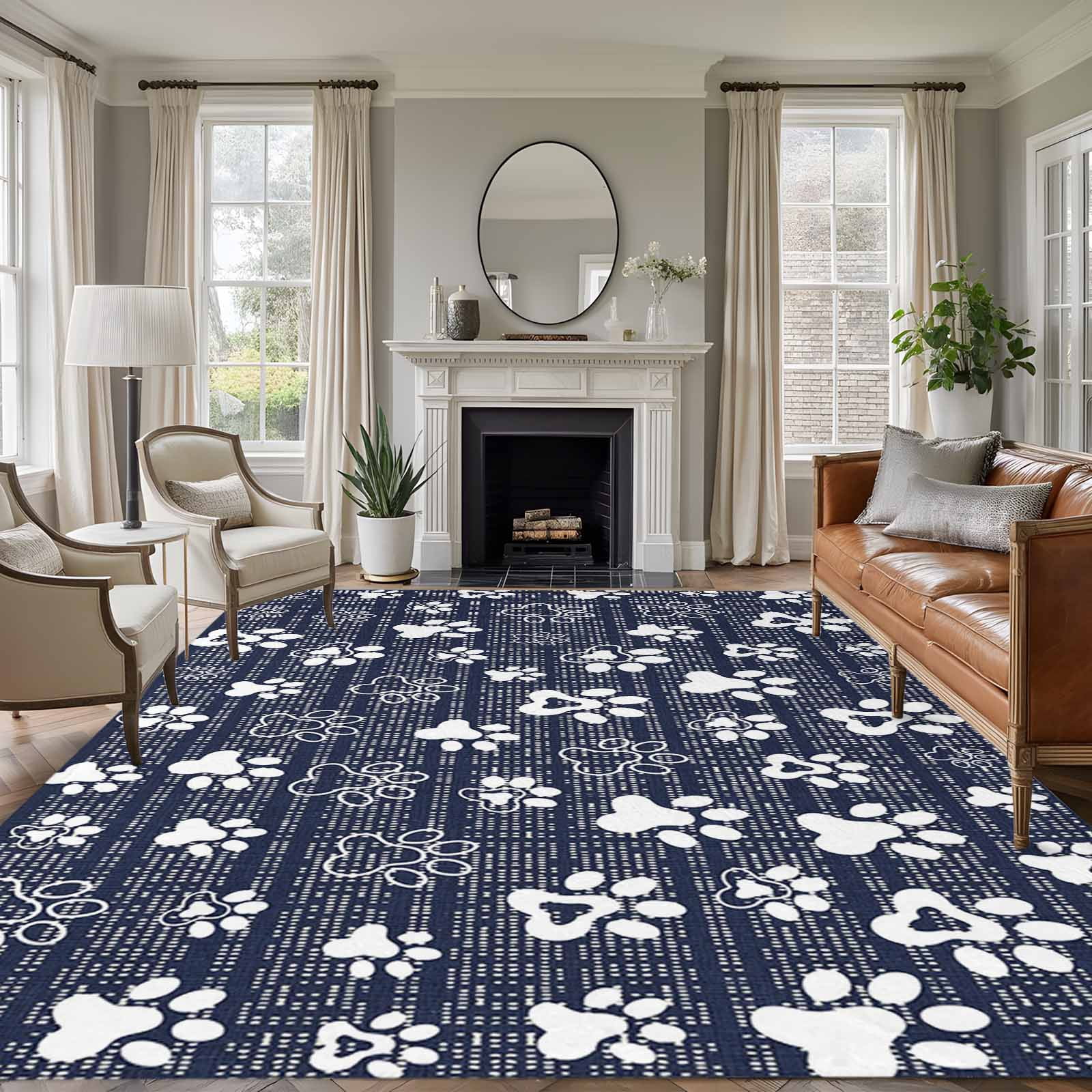 Low Profile Blue Rug Blue Paw Print 8x10 Area Rugs for Living Room, Modern Classic Dark Blue ...