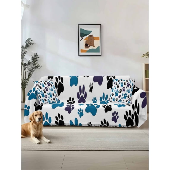 Blue Paw Print Couch Cover Sofa Covers 3 Cushion Sectional Couch, Black Animals Cat Dog Colored Cartoon Washable Sofa Covers Slipcover Sectional Sofa Cover, Furniture Protector 71"x150"