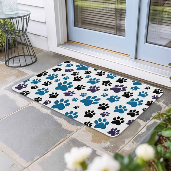 Blue Paw Print Door Mat Indoor Outdoor, Black Animals Cat Dog Colored Cartoon Non Slip Welcome Mat with Rubber Backing, Absorbent Fabric Front Door Mats Entryway Rug for Home Patio Entrance 20"x31.5"