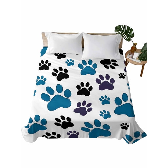 Blue Paw Print Flat Sheet Only Twin Size, Soft Breathable Bed Top Sheets for Mattress, Black Animals Cat Dog Colored Cartoon Luxury Bedding Flat Sheets for Home Hotel Bedroom Bed Protection