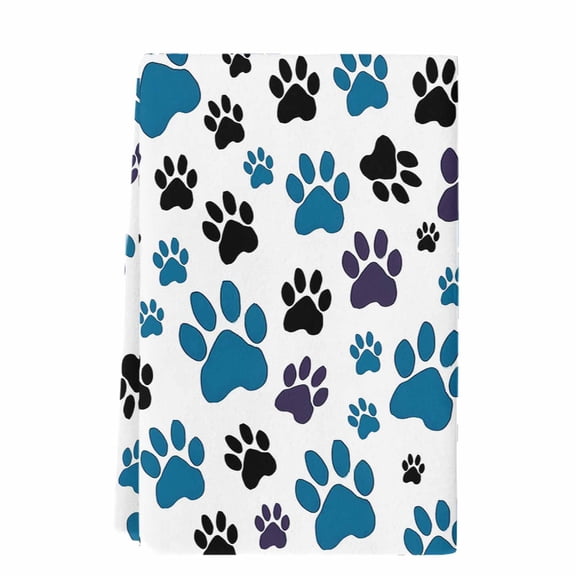 Blue Paw Print Kitchen Towels Set of 1, Absorbent Microfiber Dish Tea Towels with Hanging Loop, Black Animals Cat Dog Colored Cartoon Resuable Hand Towel for Home Kitchen Cooking Cleaning 18"x28"