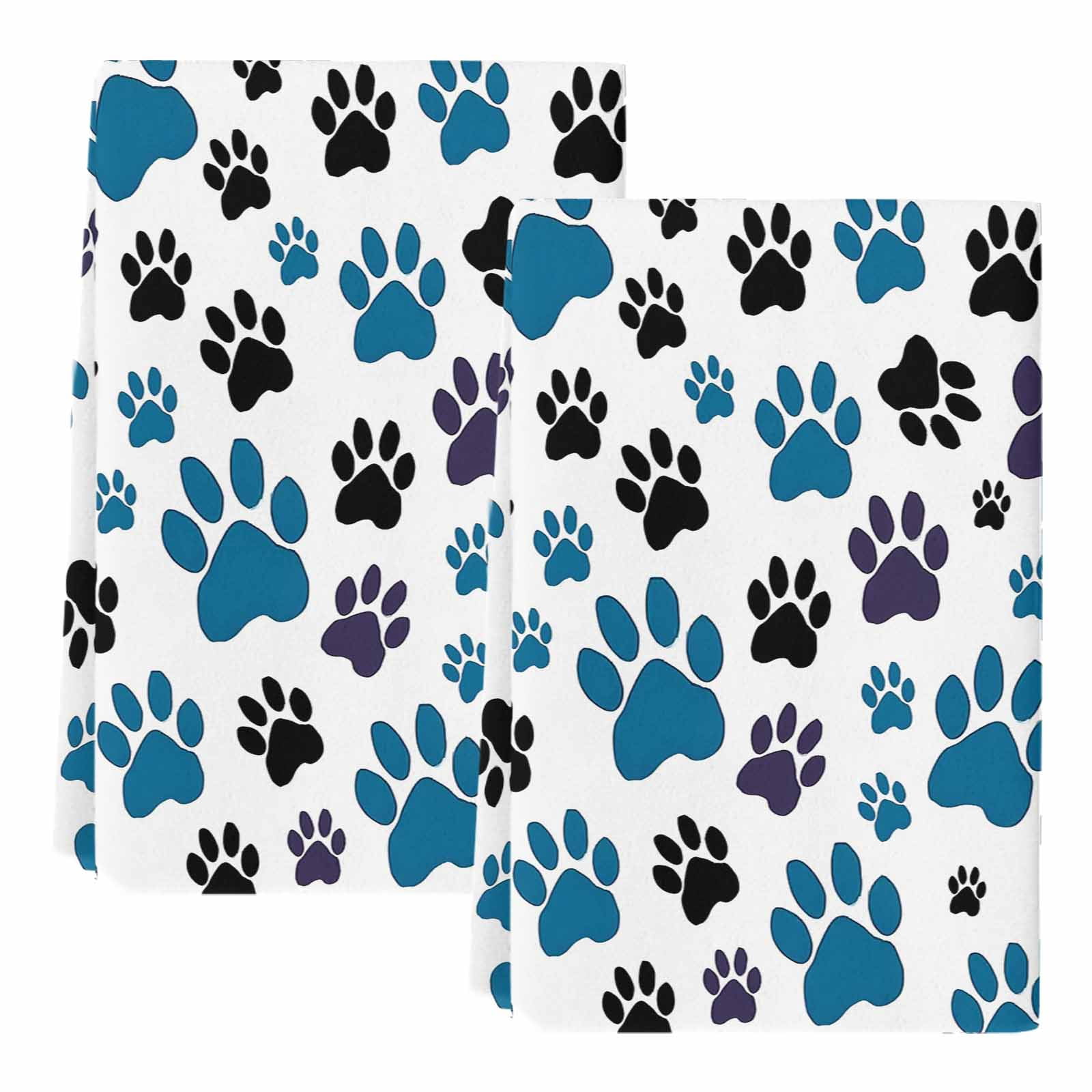 Blue Paw Print Kitchen Towels Set of 2, Black Animals Cat Dog Colored ...