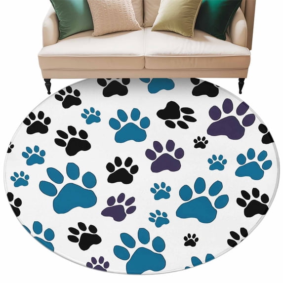 Blue Paw Print Large Area Rugs for Bedroom Living Room, Soft Non Slip Carpet Bedside Rug, Black Animals Cat Dog Colored Cartoon Round Floor Cover Kitchen Accent Rug 8' for Dining Room/Office
