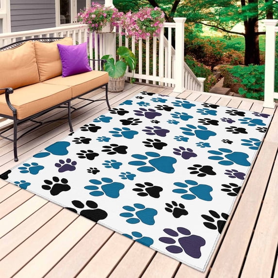 Blue Paw Print Outdoor Rug 4x6 Ft, Non Slip Washable Area Rug, Black ...