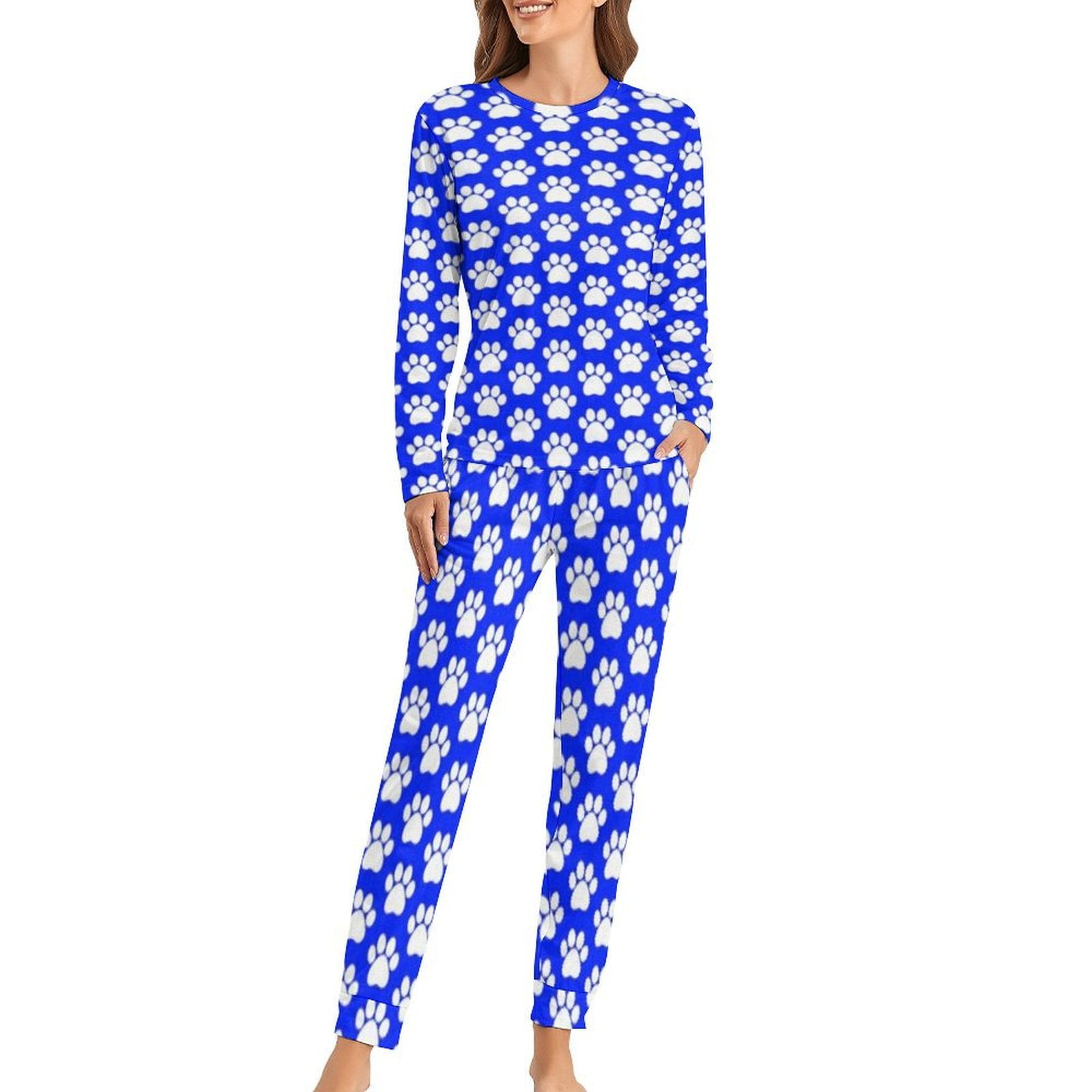Blue Paw Print Pattern Pajamas Woman Nightwear Long Sleeve Two Piece ...