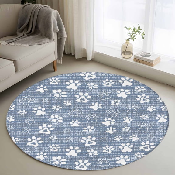 Blue Paw Print Round Rugs for Living Room 3ft Classic Blue White Animal Large Paw Pattern Plaid Non Slip Circle Rug Washable Low-Profile Indoor Carpet for Bedroom, Dining Room, Bathroom