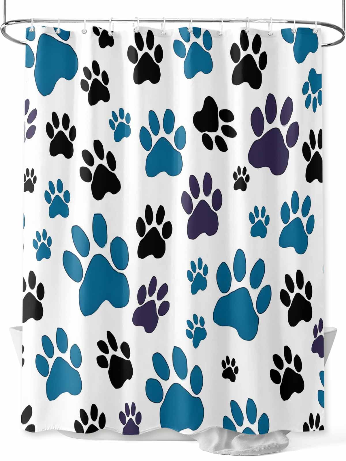 Blue Paw Print Shower Curtain Set with Hook Washable Cloth Polyester ...