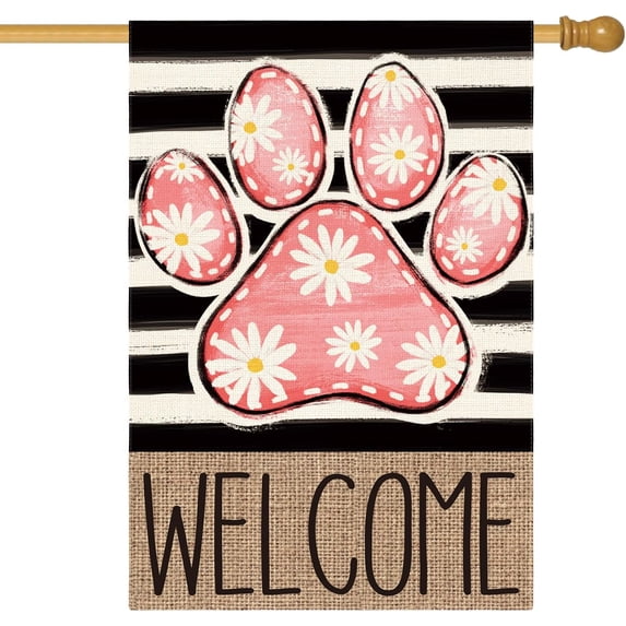 Blue Paw Print Spring Garden Flag 12x18 Inch Double Sided Outside, Daisy Floral Welcome Stripes Yard Outdoor Flag