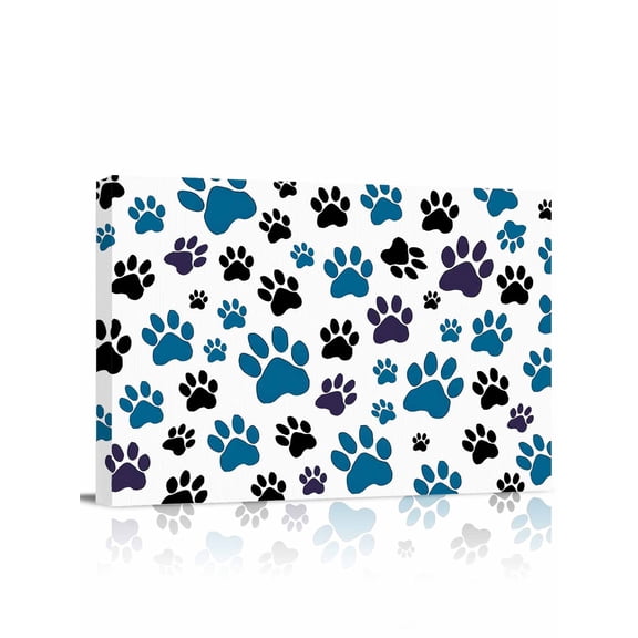 Blue Paw Print Wall Art for Living Room,Canvas Picture Wall Decor for Bathroom Bedroom,Black Animals Cat Dog Colored Cartoon Painting Artwork for Office Kitchen Hallway Dining Room Home Decor 12"x16"
