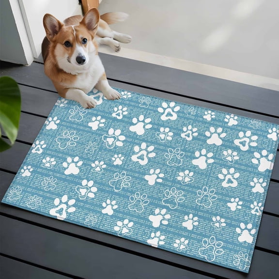 Blue Paw Print Washable Entry Rug 2x3 Modern Classic Blue White Animal Large Paw Pattern Plaid Low-Profile Area Rugs with Non Slip Backing Indoor Floor Carpet for Entrance Living Room Bedroom